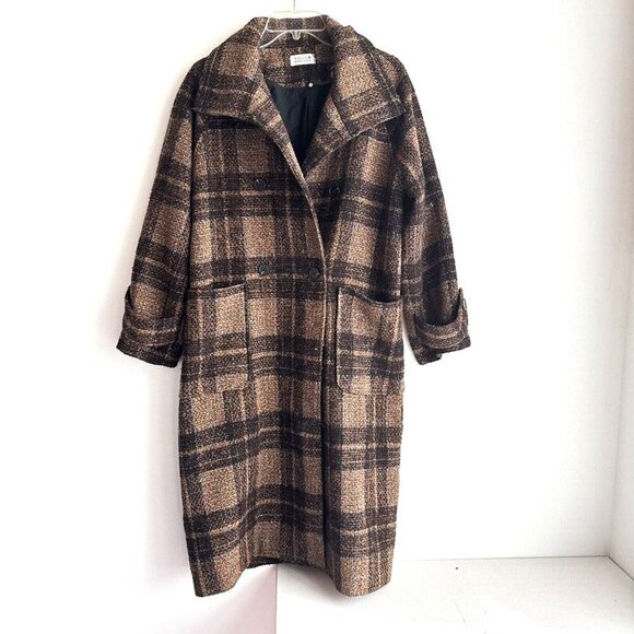 Molly Bracken Plaid Brown Metallic Detail Fall Coat L